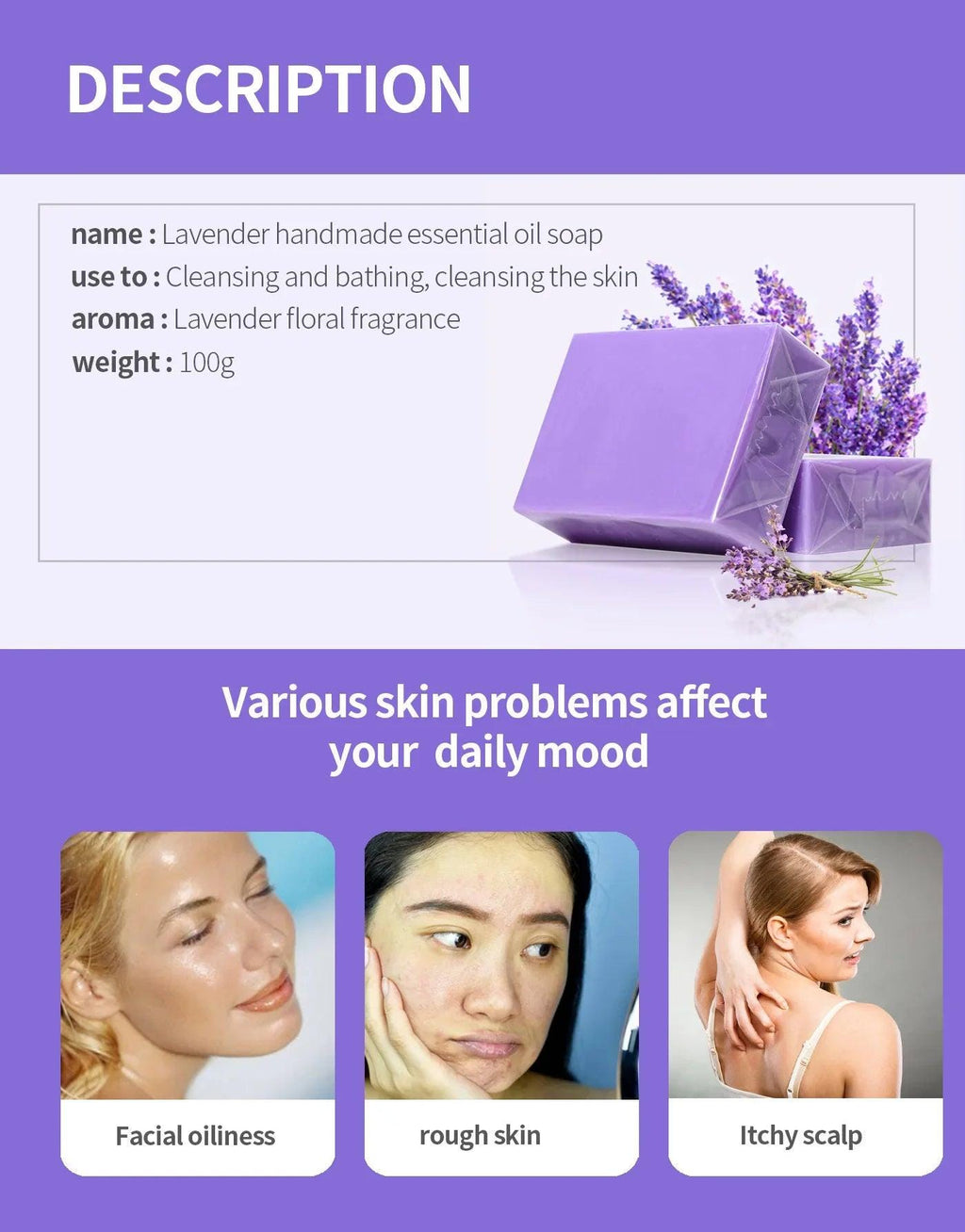 Natural Organic Lavender Essential Oil Soap Handmade Soap for Cleansing, Refreshing, Oil Control, Bath Soap